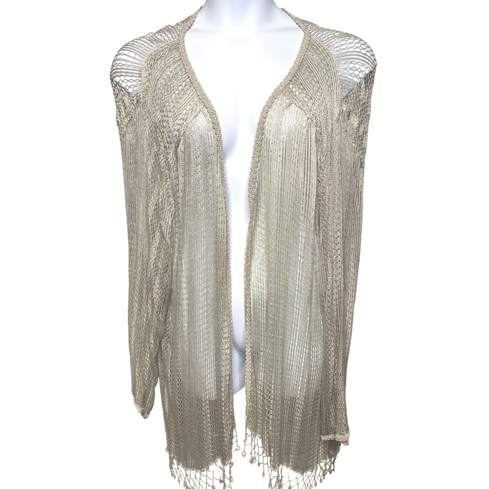 VTG 80s‎ CAROLE LIZ Old Silver Open Knit Beaded Fringe Cardigan 3X Metallic Glam